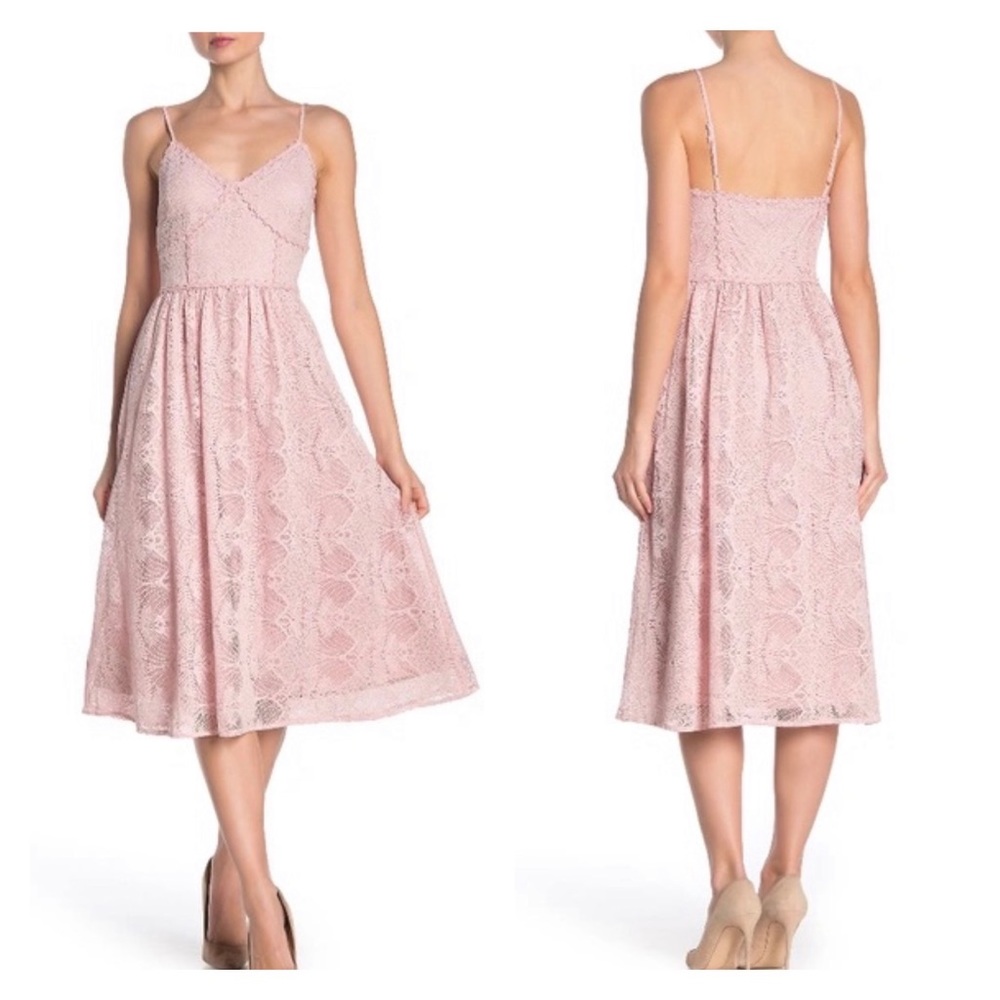 NSR Lace Crochet Midi V-Neck Blush Pink Dress S